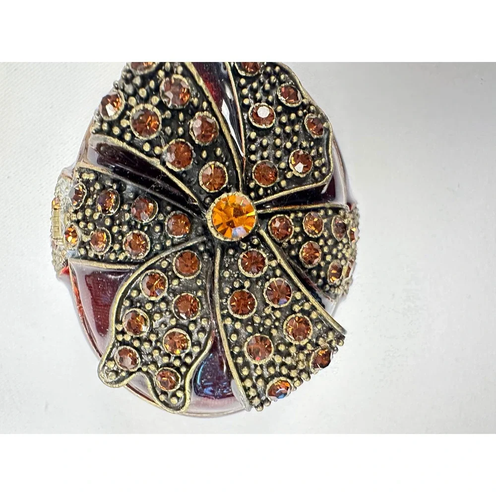 Round Burgundy Trinket Jewelry Box with Rhinestone Bow Accent Display Decor‎